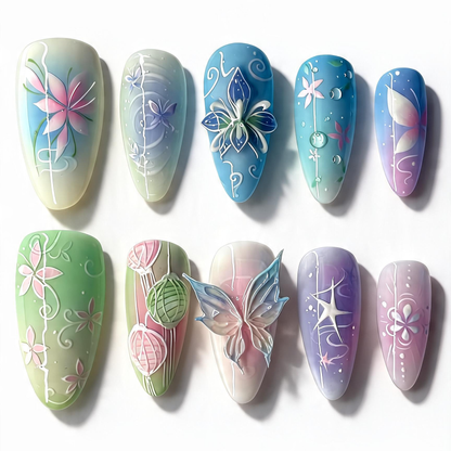 Pastel Floral Press On Nails 3D Butterfly Spring Garden Art Set