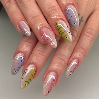 Pastel Glitter Fish Nail Set, Ocean-Inspired Cute Press-On Nails