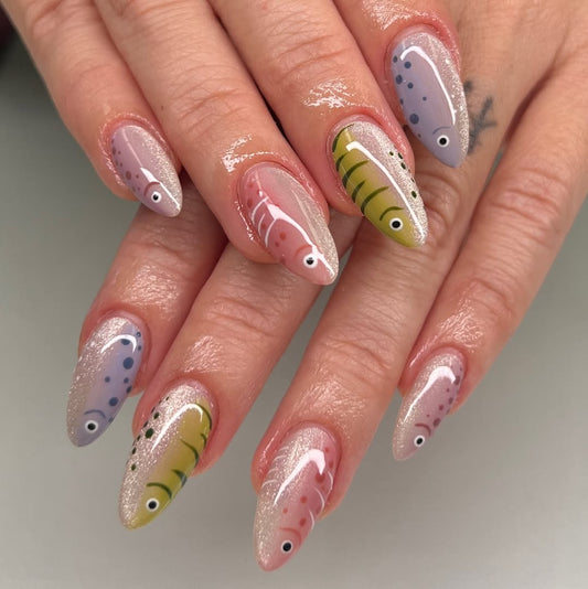 Pastel Glitter Fish Nail Set, Ocean-Inspired Cute Press-On Nails