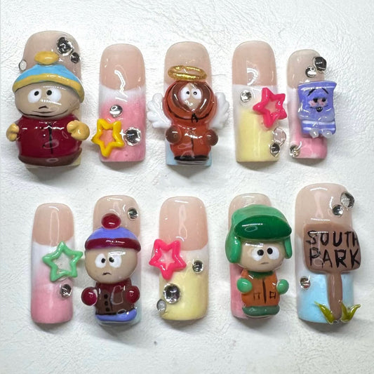 Pastel Green Pink Press On Nails with Cute Face Charms