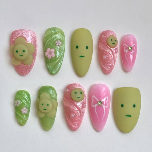 Pastel Green Pink Press On Nails with Cute Face Charms