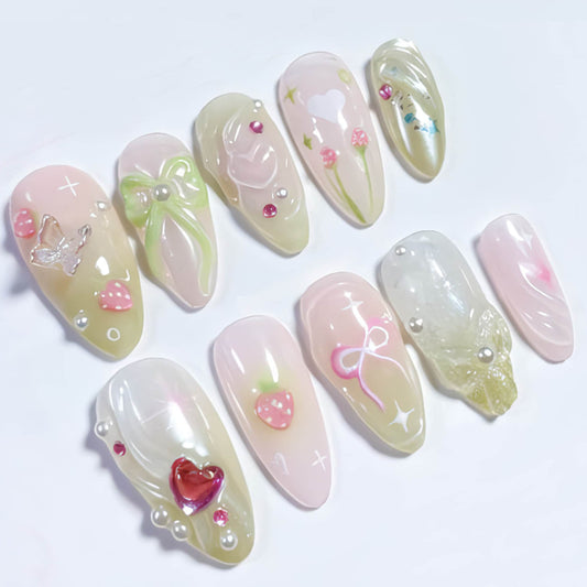 Pastel Jelly 3D Strawberry Heart Press On Nails