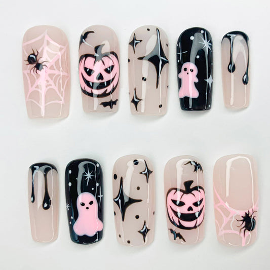 Pastel Pink Halloween Press On Nails - Pink Halloween Ghost Nail Set