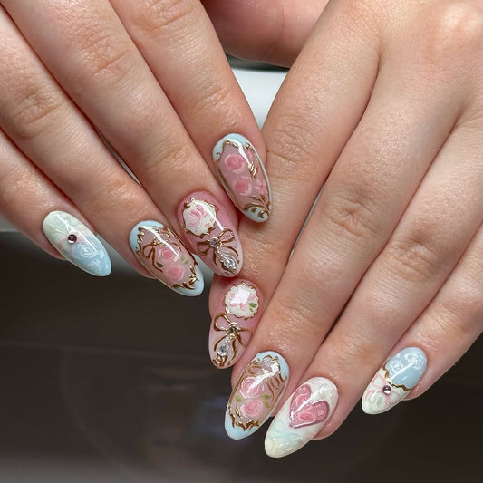Pastel Rococo Rose Press On Nails with 3D Bow Detail
