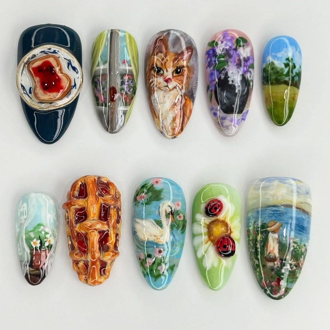 Pastoral Daydream 3D Hand-Painted Press-On Nails – Miniature Art Collection