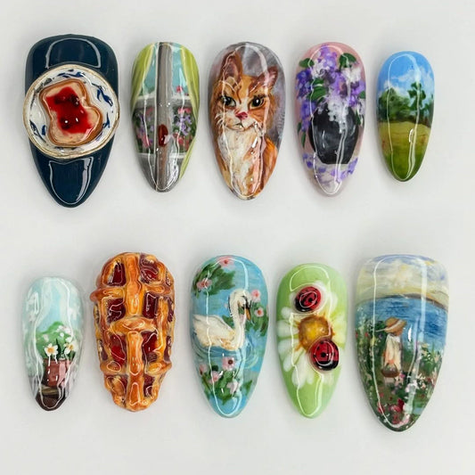 Pastoral Daydream 3D Hand-Painted Press-On Nails – Miniature Art Collection