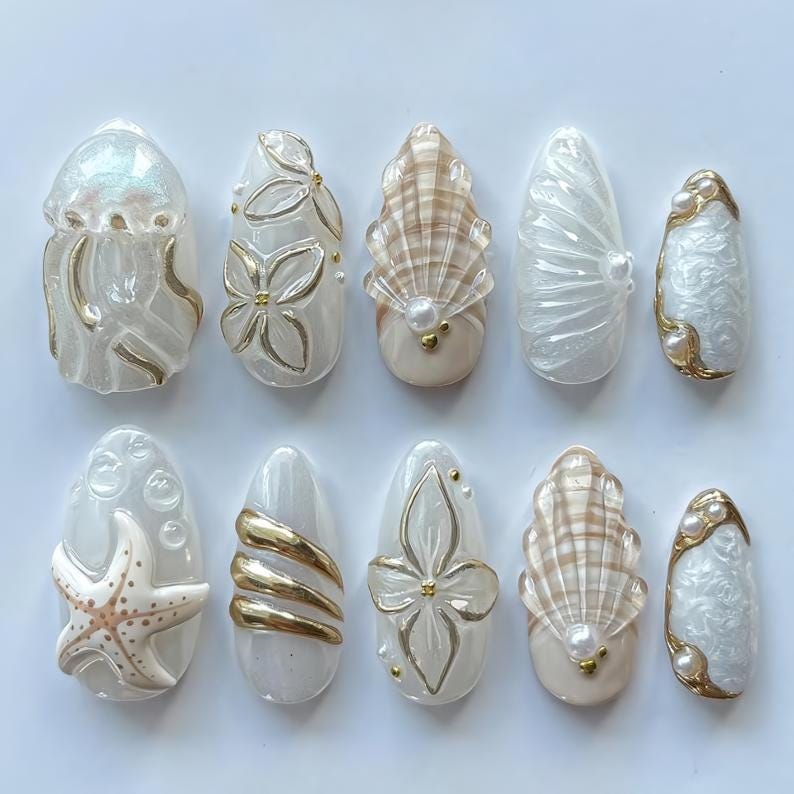 Pearl White Seashell Mermaid Press On Nails