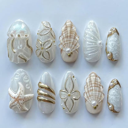 Pearl White Seashell Mermaid Press On Nails