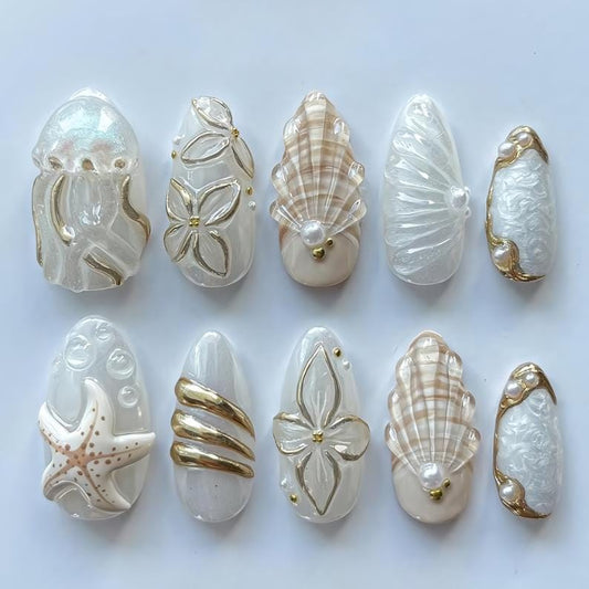Pearl White Seashell Mermaid Press On Nails