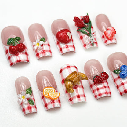 Picnic Gingham Press On Nails with Fruit Charms