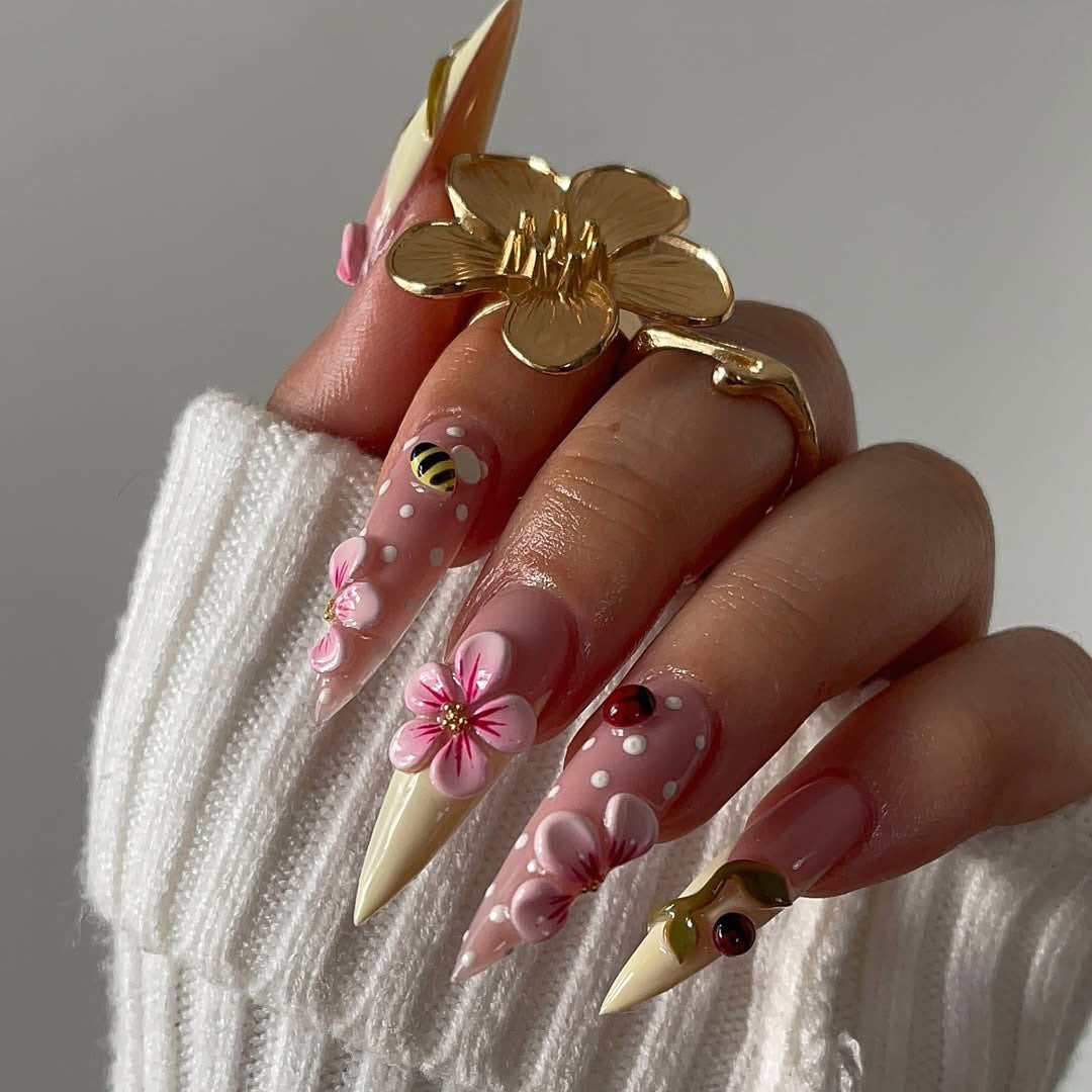 Pink Blossom Ladybug Stiletto Press On Nails Set