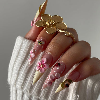Pink Blossom Ladybug Stiletto Press On Nails Set