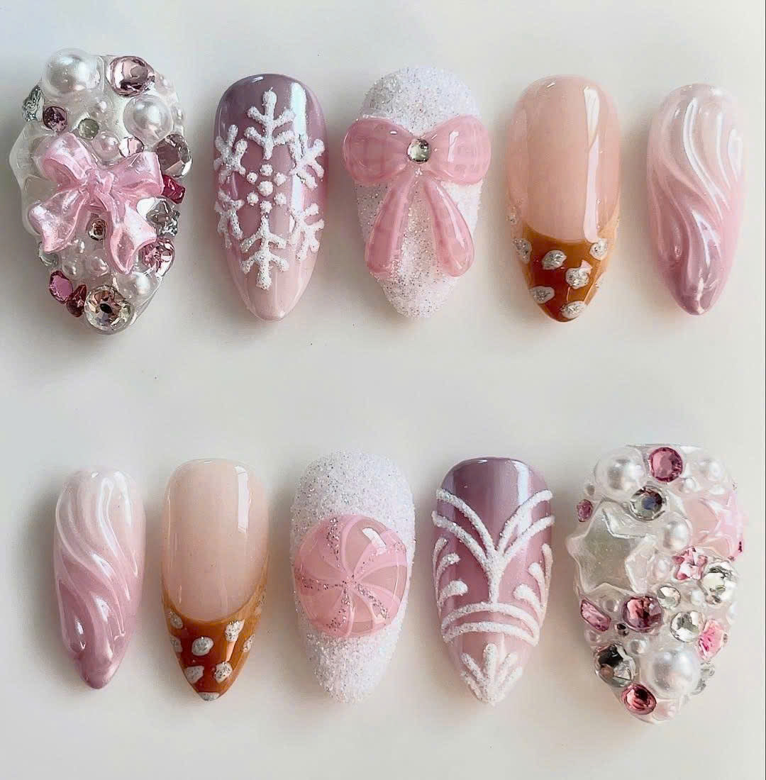 Pink Candy Press On Nail Set Winter Bow Sweet Style