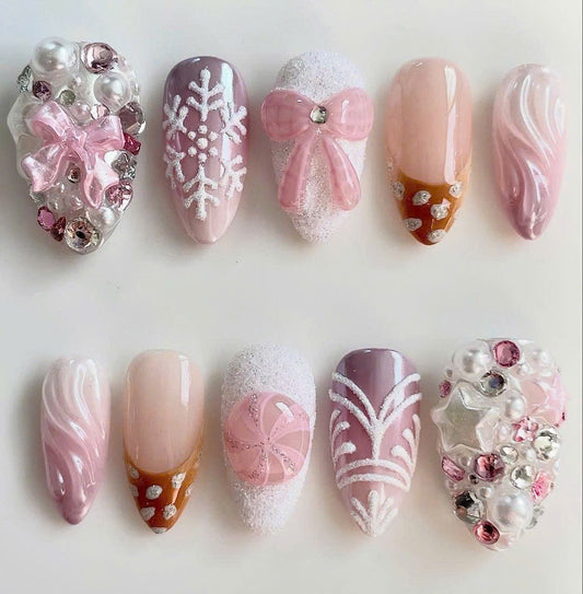 Pink Candy Press On Nail Set Winter Bow Sweet Style