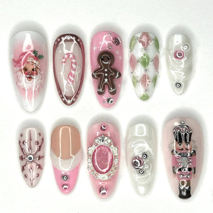 Pink Christmas Press On Nails with Gingerbread and Nutcracker Details