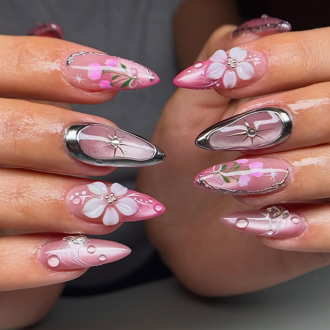 Pink Chrome Floral Stiletto Nails with 3D Blossoms and Crystal Accents