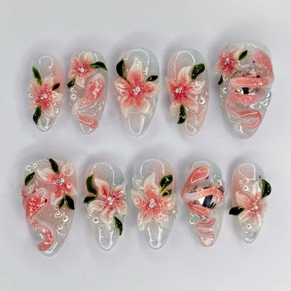 Pink Floral Jelly Press On Nails With 3D Flower Pearl Design