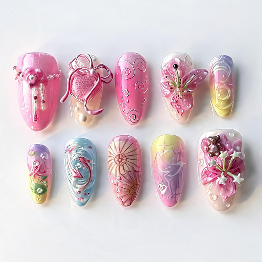 Pink Floral Press On Nails 3D Lily Teddy Bear Art Set