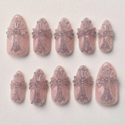 Pink Glitter Cross Gothic Almond Press On Nails Set