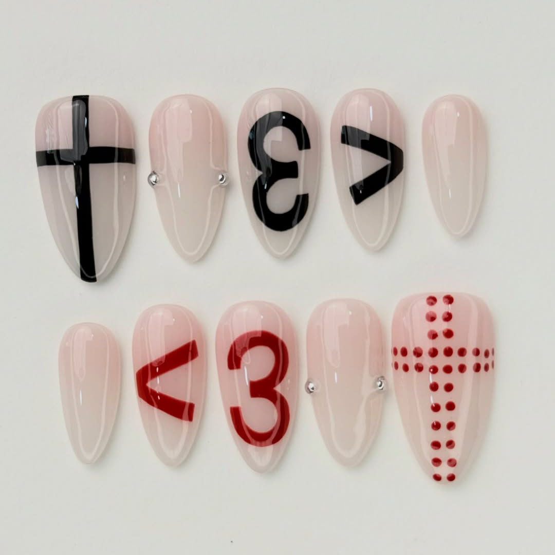 Pink Gothic Cross Number Stiletto Press On Nails Set