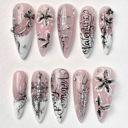 Pink Gothic Cross Stiletto Press On Nails Handmade Luxury Set