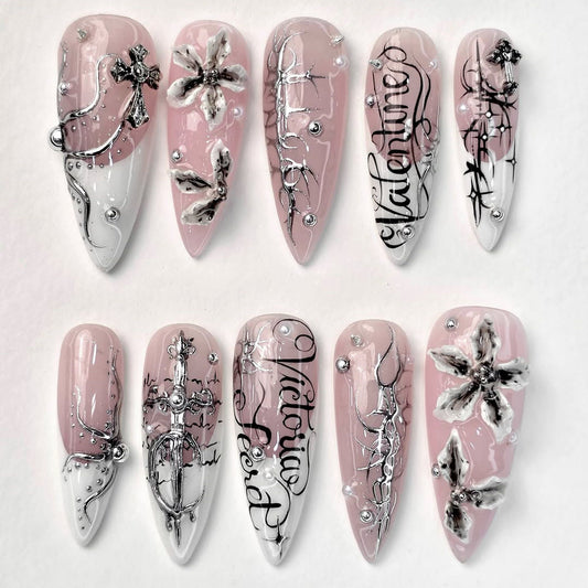 Pink Gothic Cross Stiletto Press On Nails Handmade Luxury Set