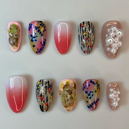 Pink Gradient Abstract Press On Nails with 3D Pearl and Artistic Design