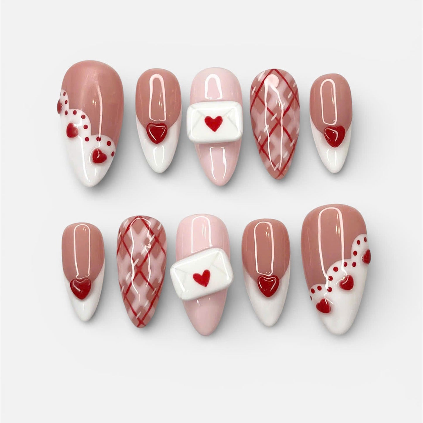 Pink Heart Envelope Press On Nails Handmade Romantic Art Set