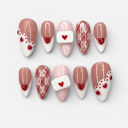 Pink Heart Envelope Press On Nails Handmade Romantic Art Set