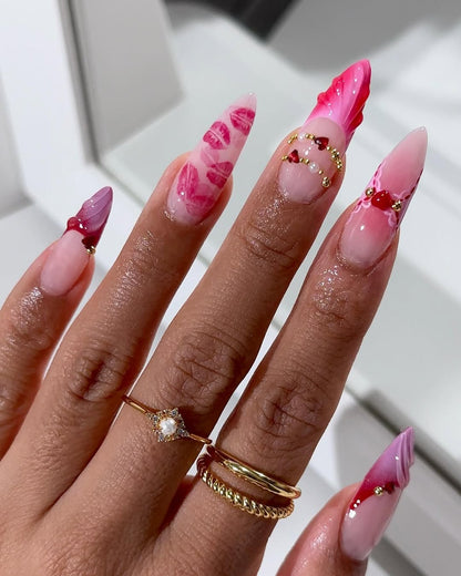 Pink Heart Kiss Press On Nails Luxury Romantic Statement Set