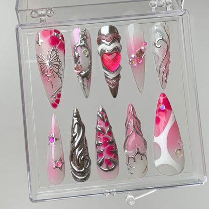 Pink Heart Press-On Nails with Sweet Romance.