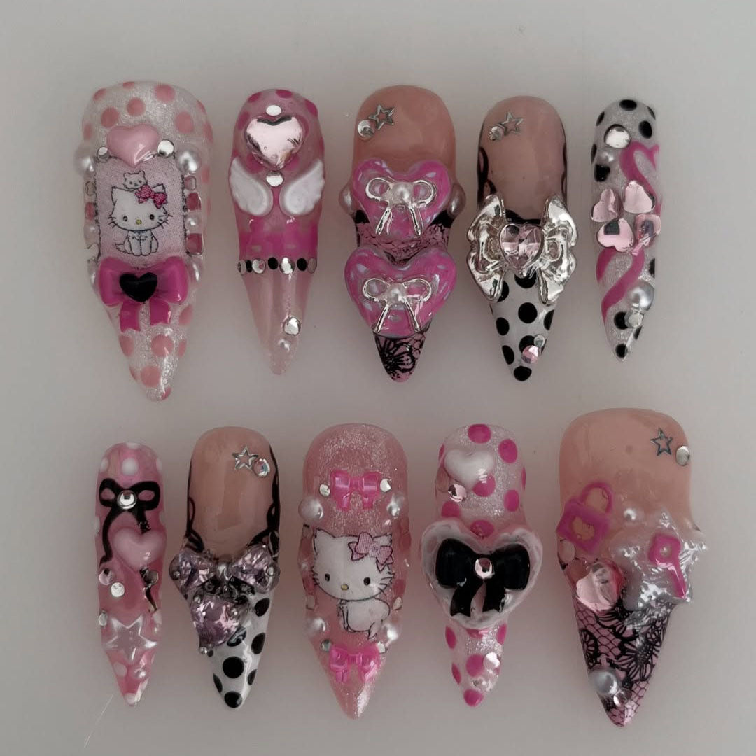 Pink Kawaii Kitty Press On Nails with Polka Dots, Bows & Heart Charms