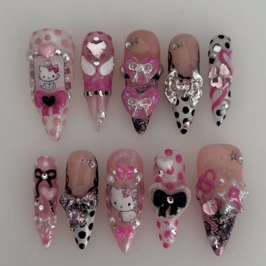 Pink Kawaii Kitty Press On Nails with Polka Dots, Bows & Heart Charms