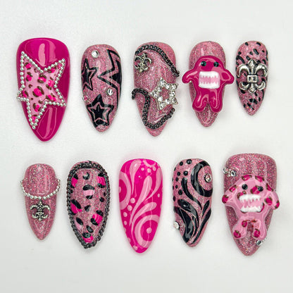 Pink Monster Glitter Y2K Press-On Nails