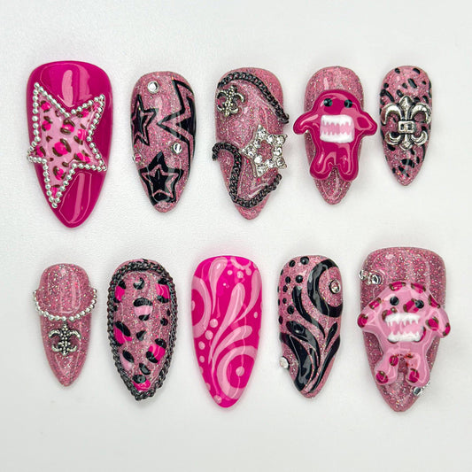 Pink Monster Glitter Y2K Press-On Nails