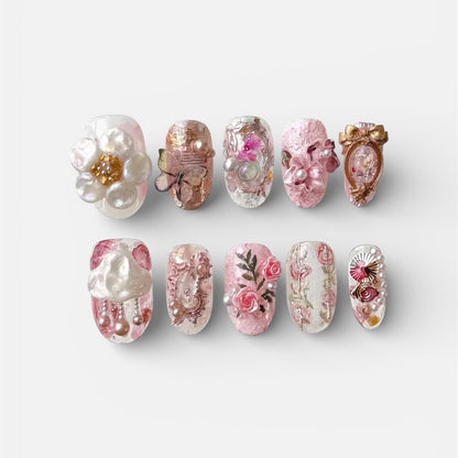 Pink Pearl Floral Press On Nails Romantic 3D Luxury Set