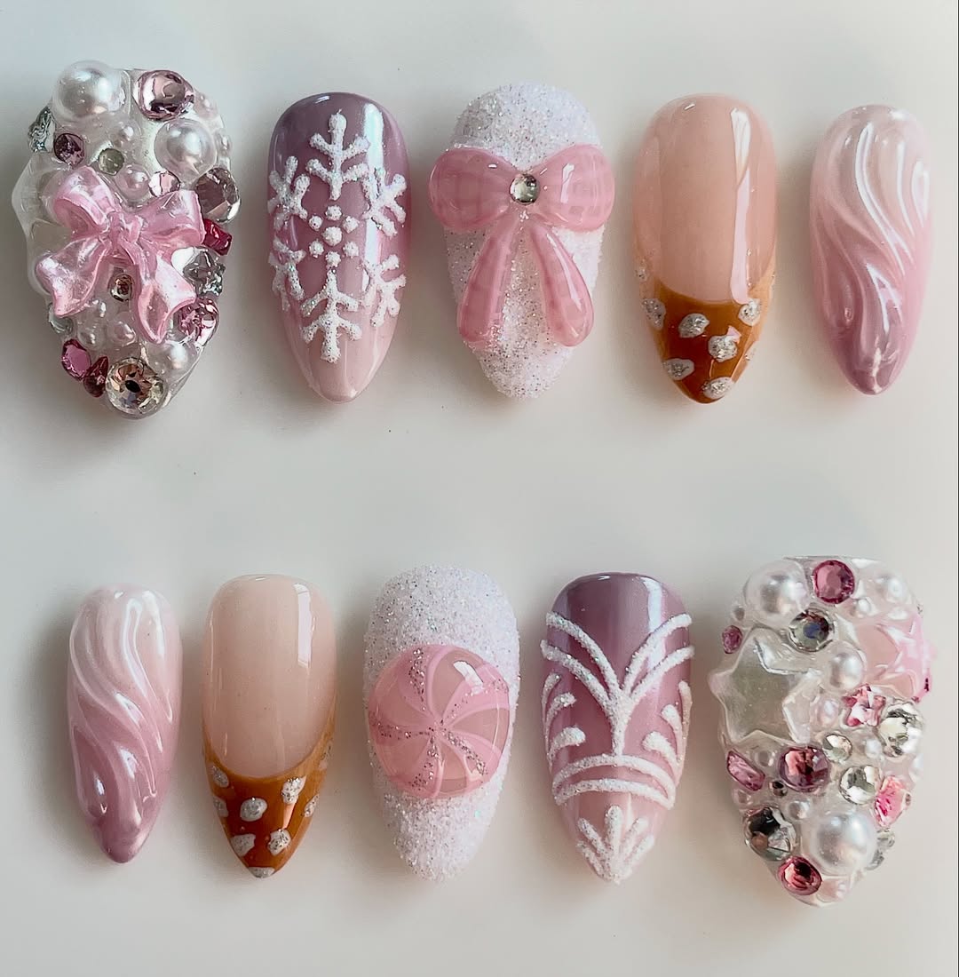 Pink Snowflake and Candy Press On Nails with Bow and Pearl Accents