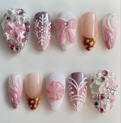 Pink Snowflake and Candy Press On Nails with Bow and Pearl Accents