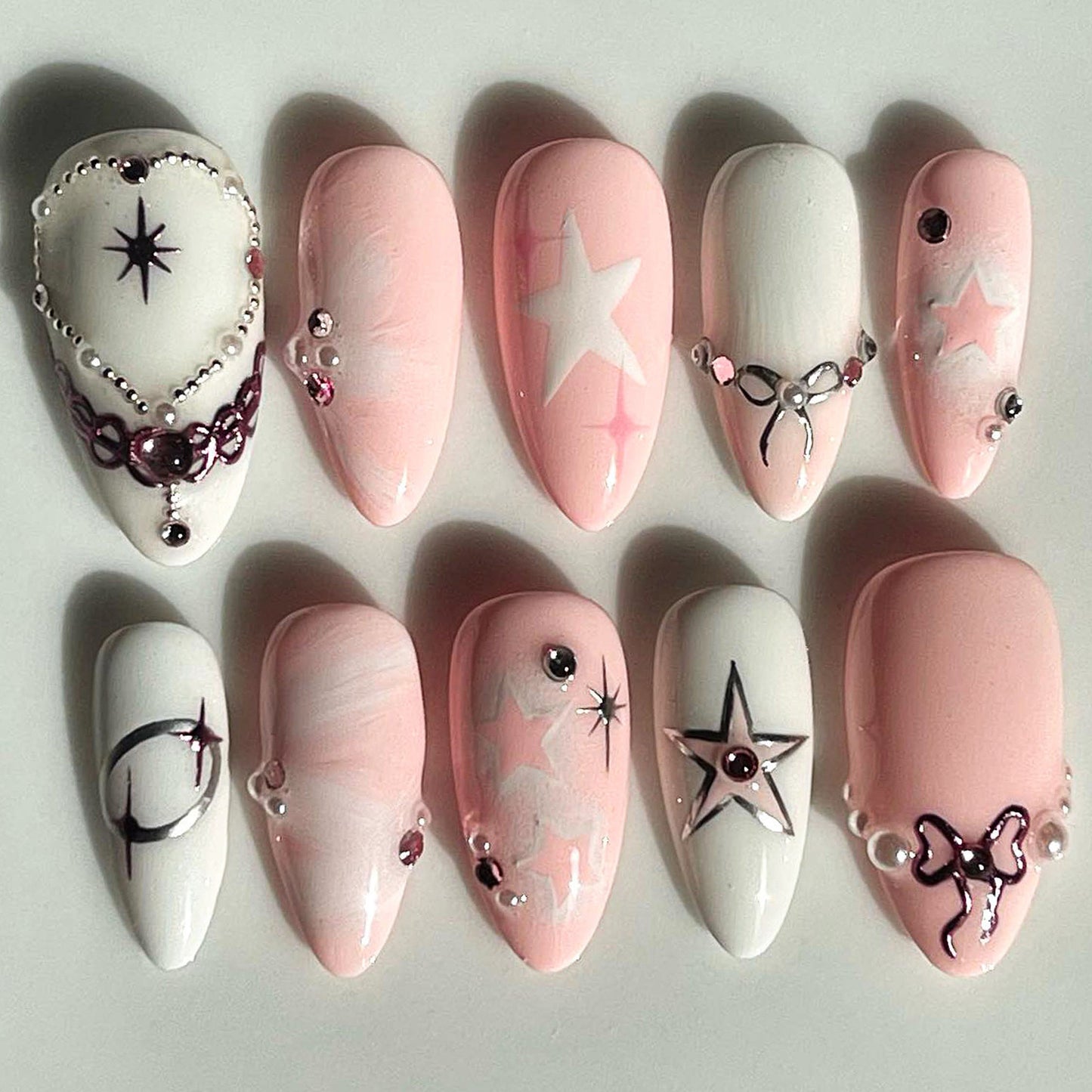 Pink Star Pearl Charm Press On Nails Set