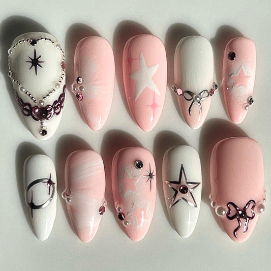 Pink Star Pearl Charm Press On Nails Set