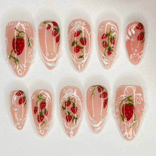 Pink Strawberry Garden Press On Nails