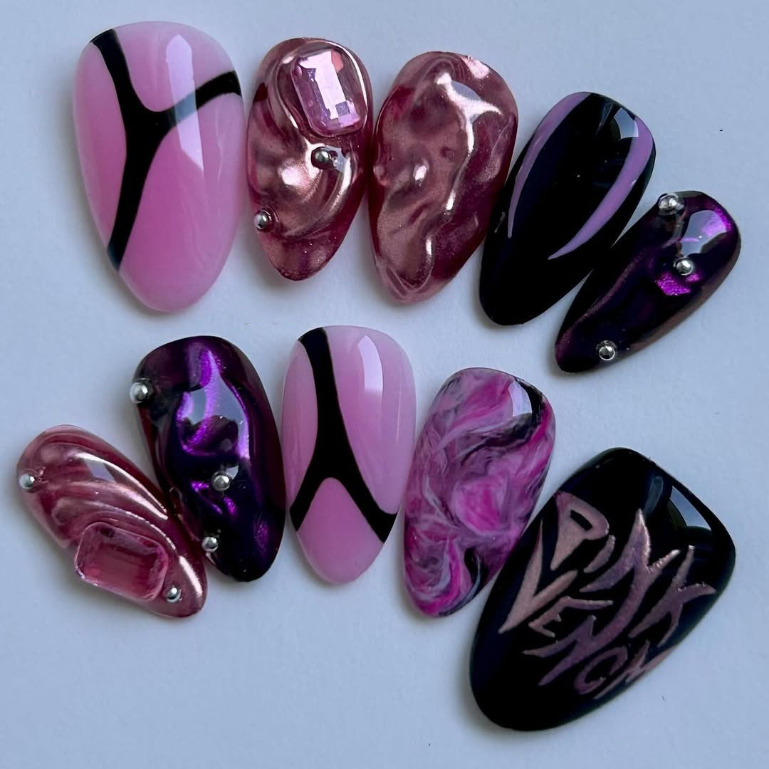 Pink Venom Rock Press On Nails with Metallic Marble Design