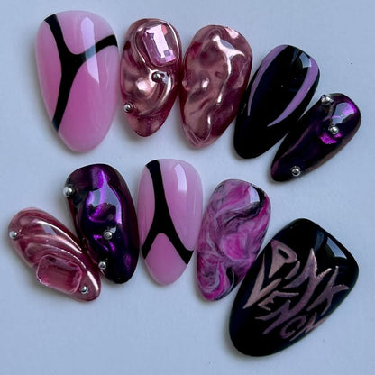Pink Venom Rock Press On Nails with Metallic Marble Design