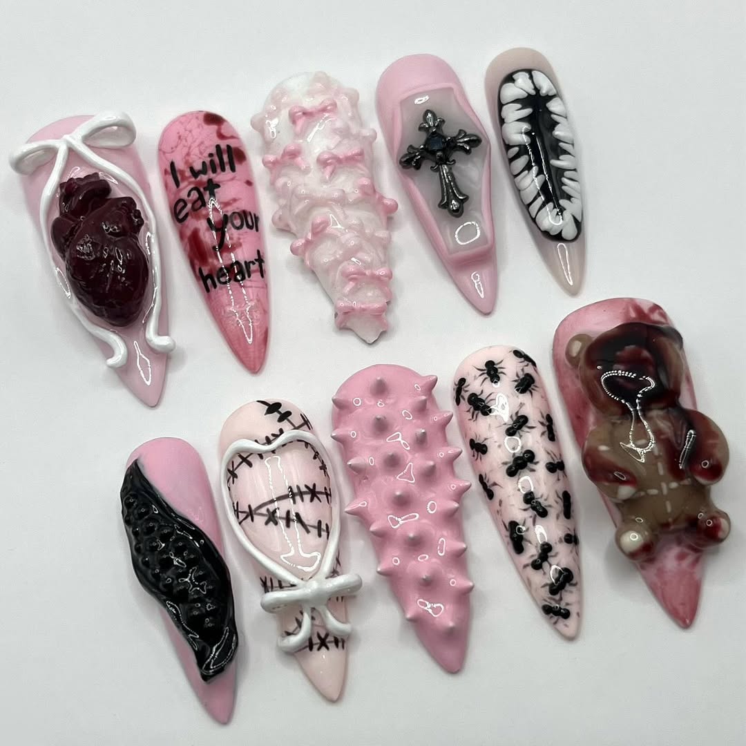 Pink and Black Handmade Press-On Nails with Gothic 3D Art