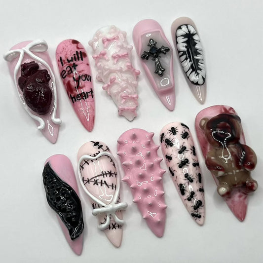 Pink and Black Handmade Press-On Nails with Gothic 3D Art