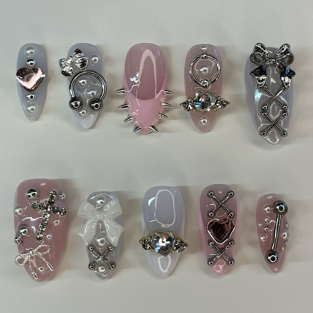 Pink and Silver Gothic Bow Press On Nails with Heart and Cross Charm Details