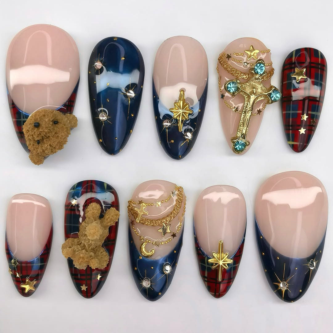 Plaid Teddy Press On Nail Set Blue Gold Winter Style