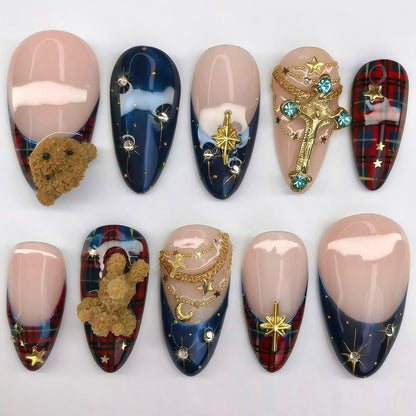 Plaid Teddy Press On Nail Set Blue Gold Winter Style