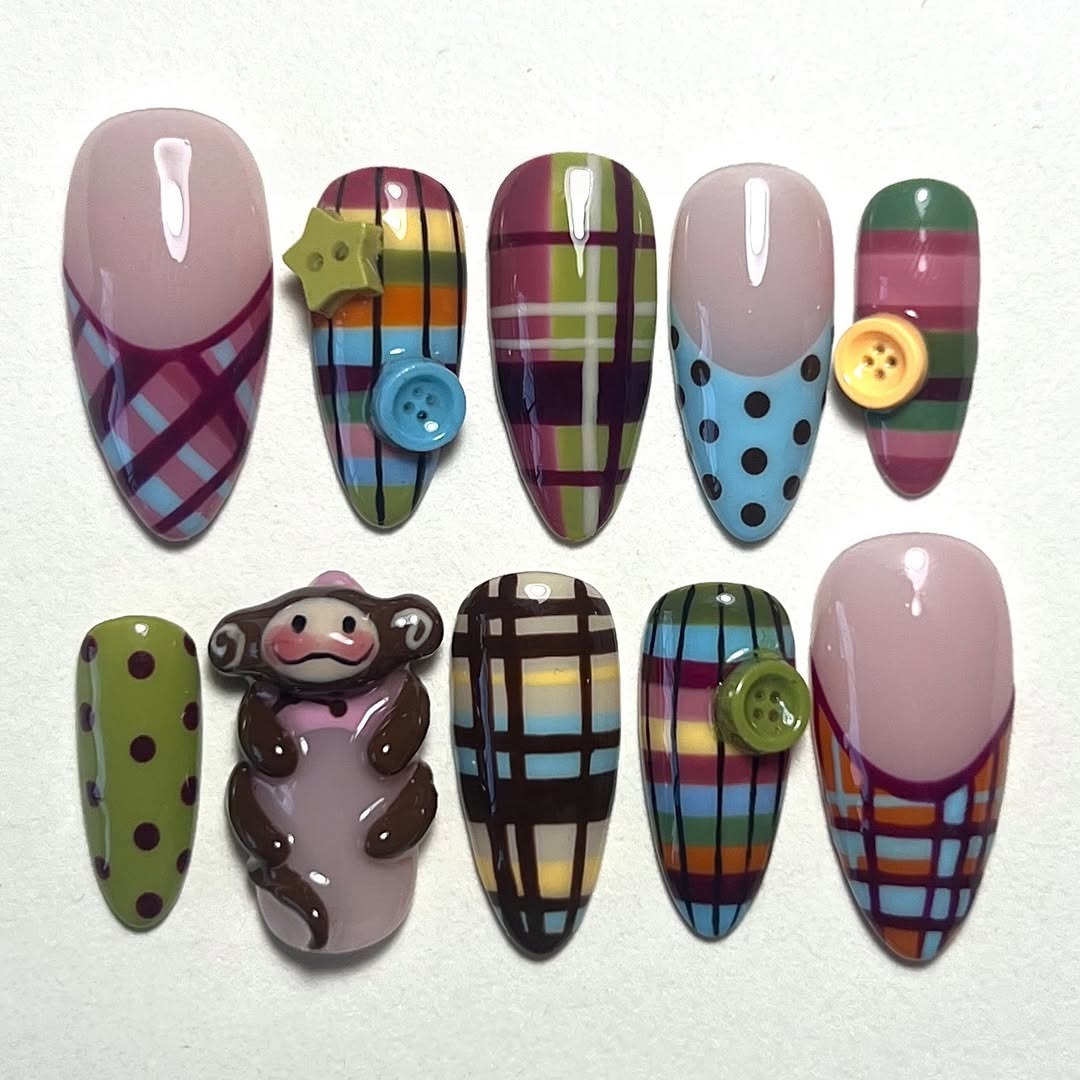 Plaid Teddy Winter Press On Nails Navy Gold Charm Set