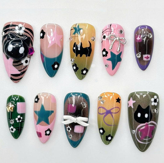 Playful 3D Cat Star Press On Nail Set